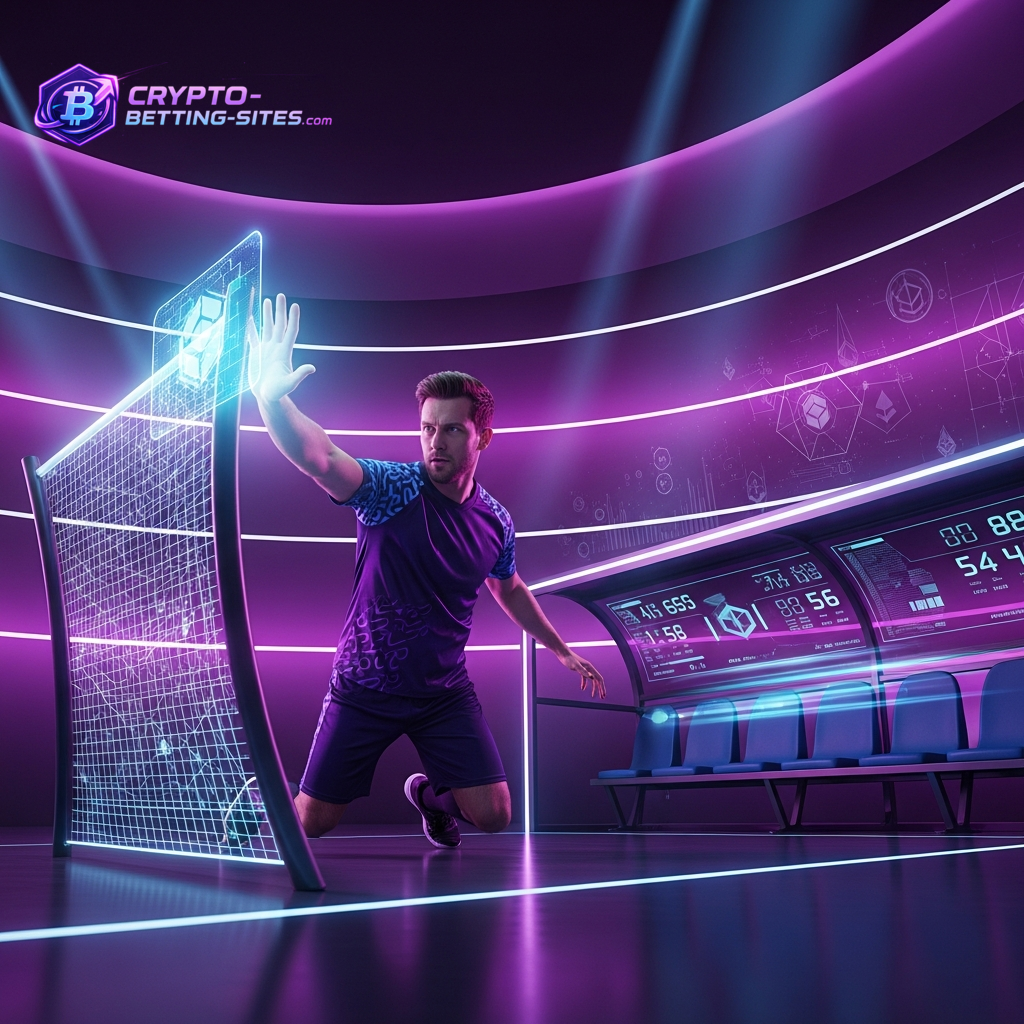 Fußballspieler in einer neonbeleuchteten Arena, der mit einem holografischen Tor interagiert, das die Zukunft der Technologie im Sport und bei Krypto-Wetten darstellt.