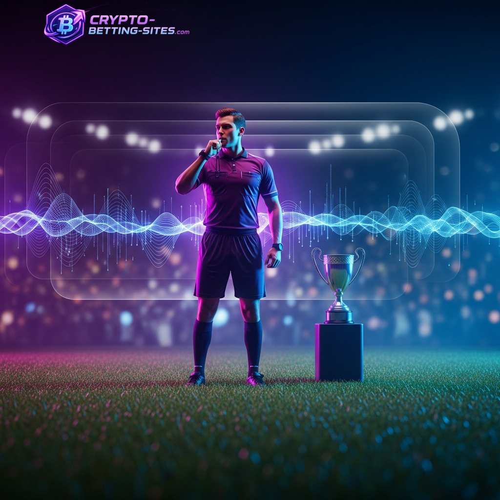 Symbolische Darstellung eines Fußball-WM-Spiels in einem neonbeleuchteten Stadion mit einer Trophäe, die die Spannung von Krypto-Wetten auf das Duell Kanada gegen Katar unterstreicht.