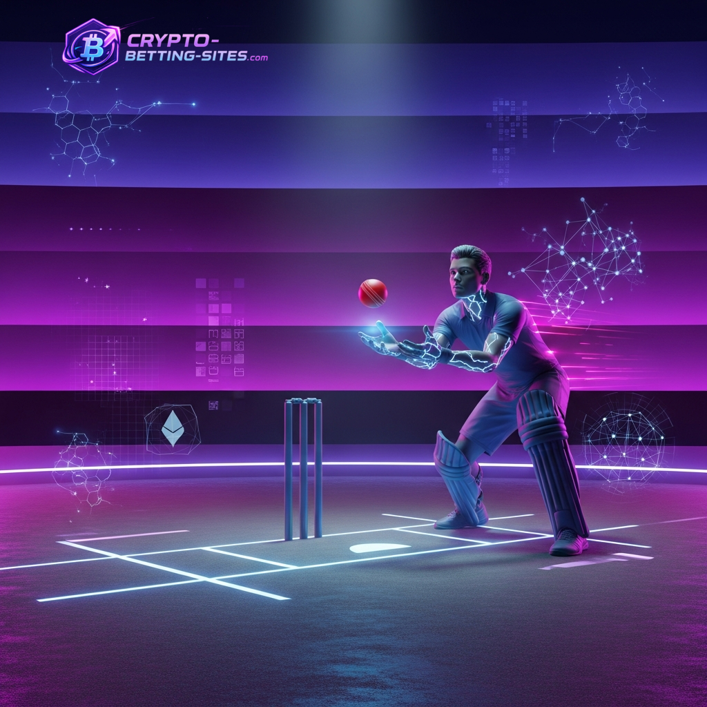 Visuelle Darstellung von Krypto-Wetten im Sport, mit einem futuristischen Sportler in einer digitalen Arena mit Blockchain-Symbolen.