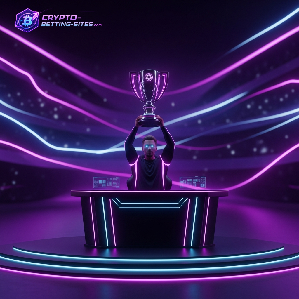 Ein Champion hebt einen leuchtenden Pokal in einer futuristischen Arena, als Symbol für erfolgreiche Wett-Tipps und Prognosen für den Weltmeister 2026.